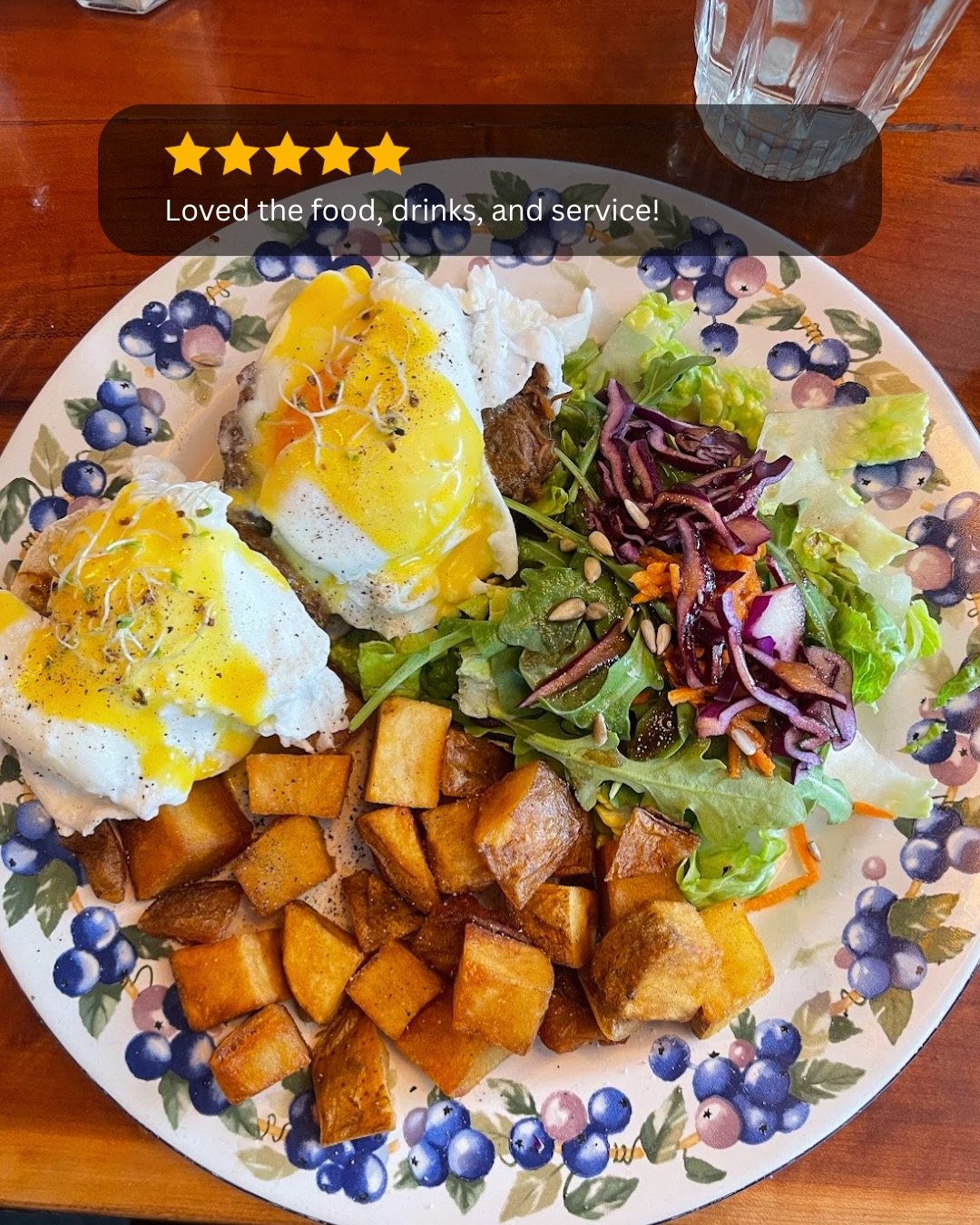 Brunch plate with eggs, potatoes and greens